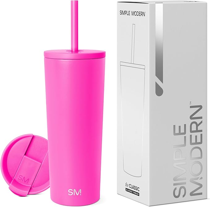 Simple Modern Insulated Tumbler with Lid and Straw Iced Coffee Cup Reusable Stainless Steel Water Bottle Travel Mug Gifts for Women Men Her Him Classic Collection 24oz Raspberry Vibes