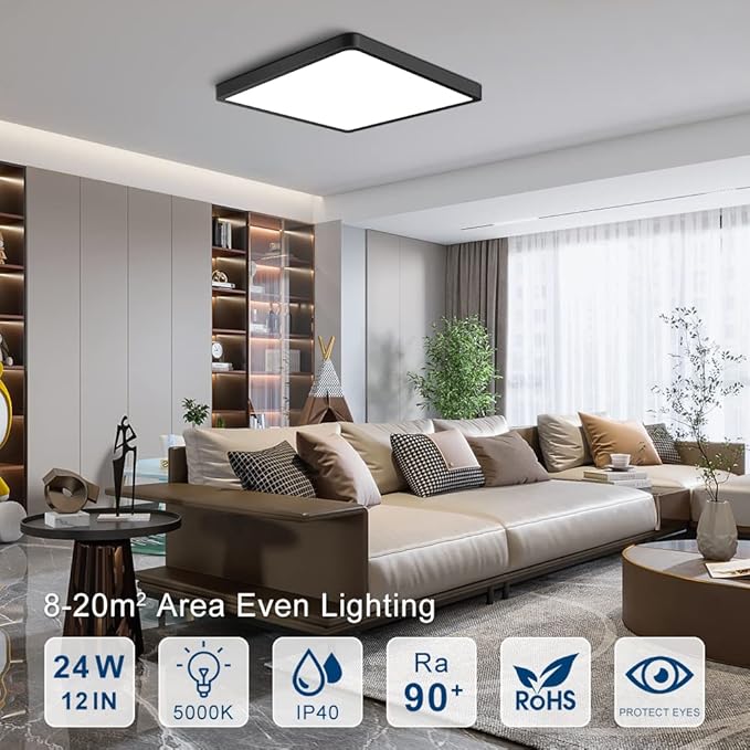 12 Inch 24W Square LED Ceiling Light, 5000K Daylight White 3200LM Ultra Bright Ceiling Lights Black Flush Mount LED Ceiling Lighting Fixture Super Thin for Kitchen Bathroom Hallway Office Living Room