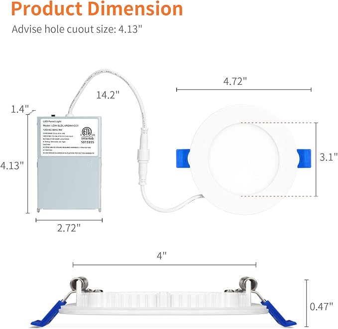 Meconard 1 Pack 4 Inch LED Recessed Ceiling Light with Junction Box, 2700K3000K3500K4000K5000K Selectable, 9W75W 750LM, Dimmable Canless Downlights, ETL and Energy Star Listed