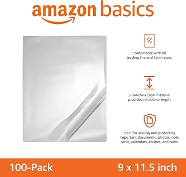 Basics Clear Thermal Laminating Plastic Paper Laminator Sheets - 11.5 x 9.0-Inch, 100-Pack, 3 mil