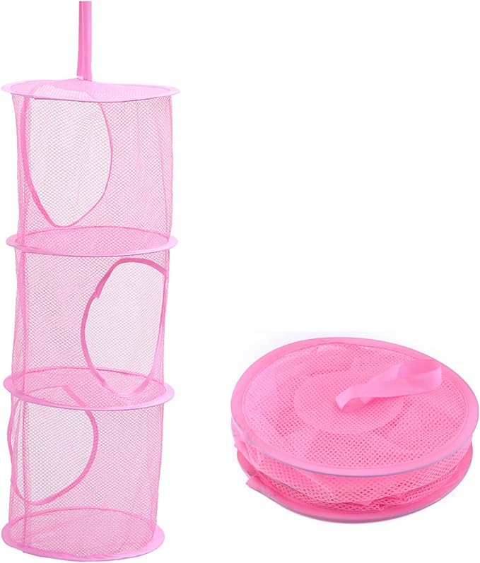 Mesh Hanging Storage Basket With 3 Compartments Foldable Hanging Storage Organizer Net Bag for Toys Storage, Space Saver Sundries Clothes Bra Underwear Socks Drying Basket Laundry Hamper (Pink)