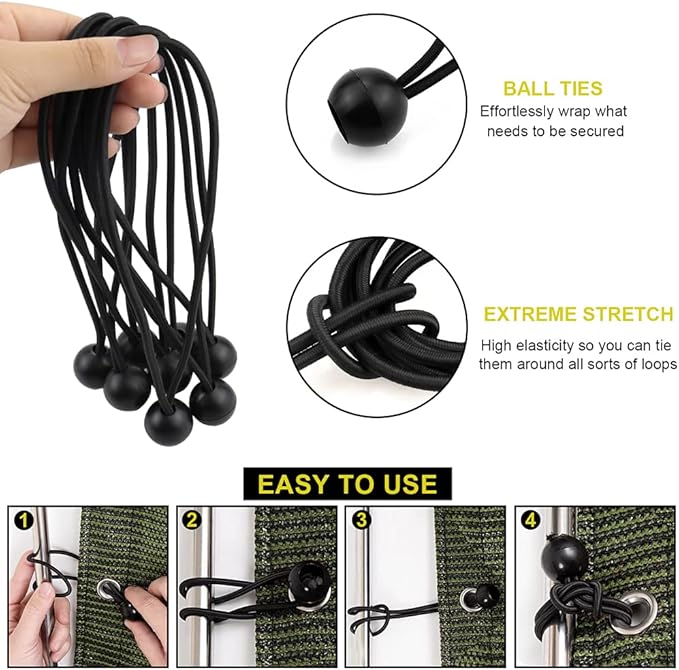 NODG 24 Pieces Ball Bungee 4,6,9 Inch Black Bungee Balls Heavy Duty Tarp Ball Bungee Cords Elastic String 4mm Thickness Tarp Canopy Shock Cords for Camping, Tents, Cargo, Holding Wire