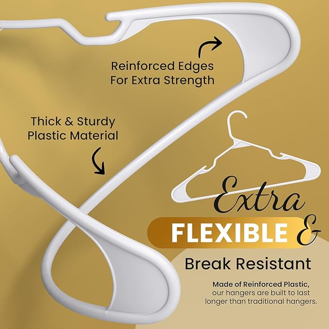 50 Pack Adult Plastic Hanger for Shirt Pants Coats Dresses Skirts Suits Jackets - Standard Thick Coat Hanger - Sturdy & Durable Design with Shoulder Grooves Hook - White