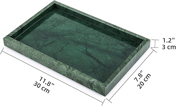 Marble Bathroom Vanity Tray, Natural Luxury Vanity Home Kitchen Bathroom Table Tray, Stone Decorative Countertop Dresser Trays for Key Coffee Perfume Jewelry Makeup (Blackish Green, 12" x 8" x 1.2")