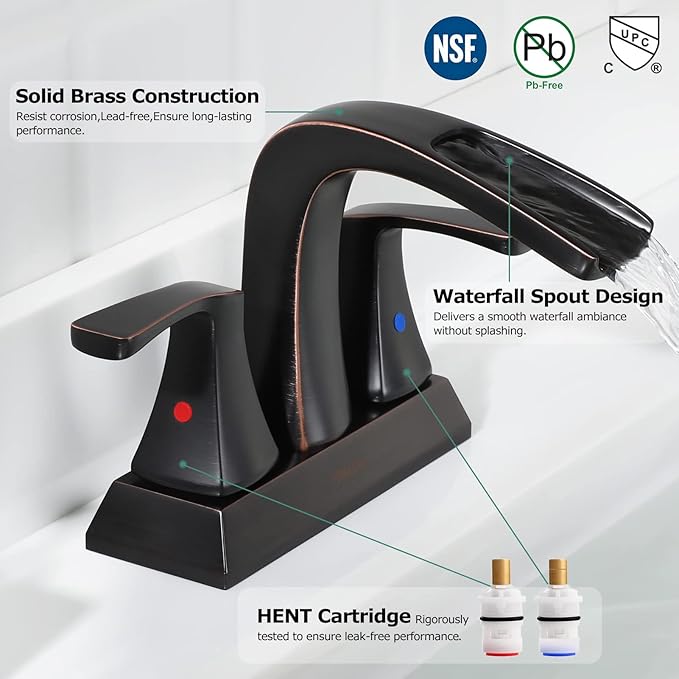 PARLOS Waterfall Spout 2 Handles Bathroom Faucet with Metal Pop-up Drain and Faucet Supply Lines, Oil Rubbed Bronze, Doris 14069