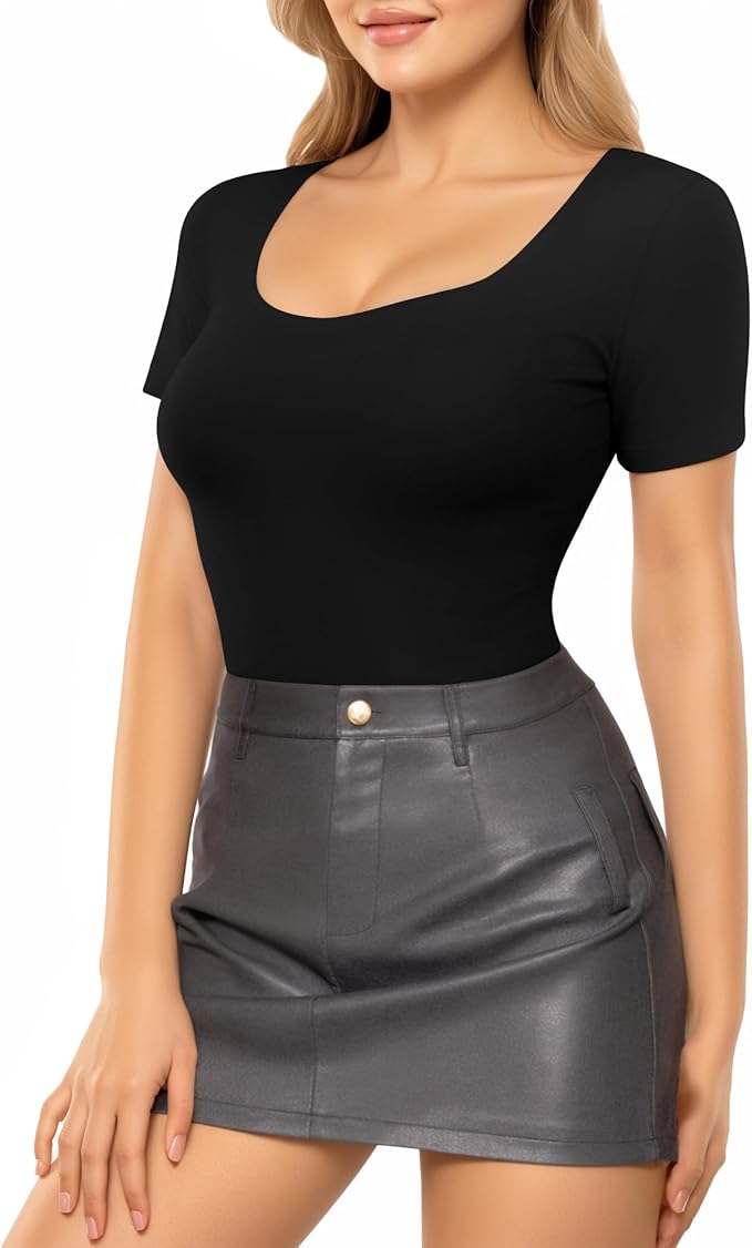 MANGOPOP Double Lined Long Sleeve Bodysuits for Women Scoop Neck Thong Bodysuit Tops Seamless