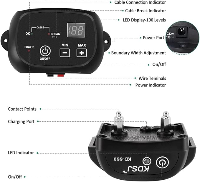 Electric Dog Fence, Wired Pet Containment System, Aboveground/Underground Installation, 650 Ft Wire, IP66 Waterproof Rechargeable Collar, Shock/Tone Correction, 1 Collar