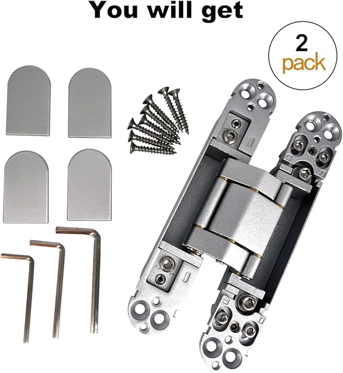 2 Pack Hidden Door Hinges, 6 inch 3-Way Adjustable Concealed Hinges Zinc Alloy 180 Degree Swing Invisible Door Hinges (Silver)