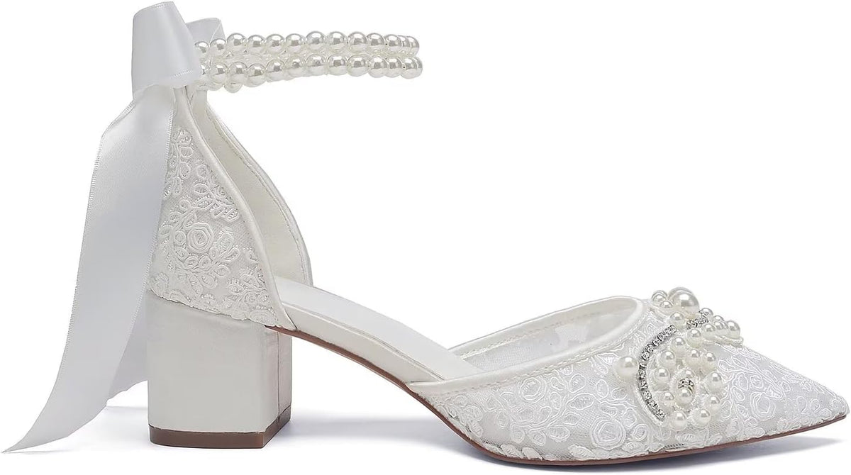Lace Pearl Wedding Shoes for Bride Block Heel Bridal Shoes Closed Toe Wedding Heels.