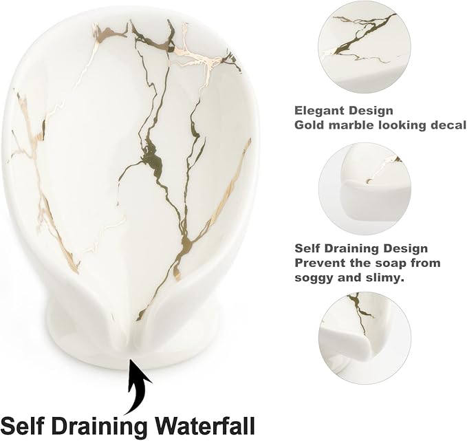 Self-Draining Soap Dish White Ceramic with Marble Brush Gold Soap Holder Waterfall Soap Dish Soap Savers for Bar Soap, for Bathroom, for Shower, for Bar Counter.