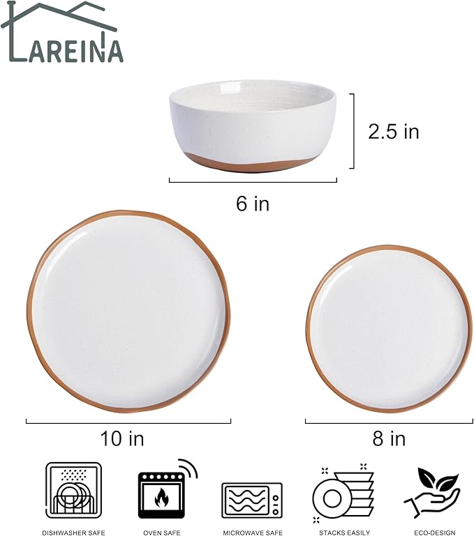 Lareina Plates and Bowls Set, 12 Pieces Ceramic Dinnerware Sets, Dishwasher Microwave Safe, Vanilla White