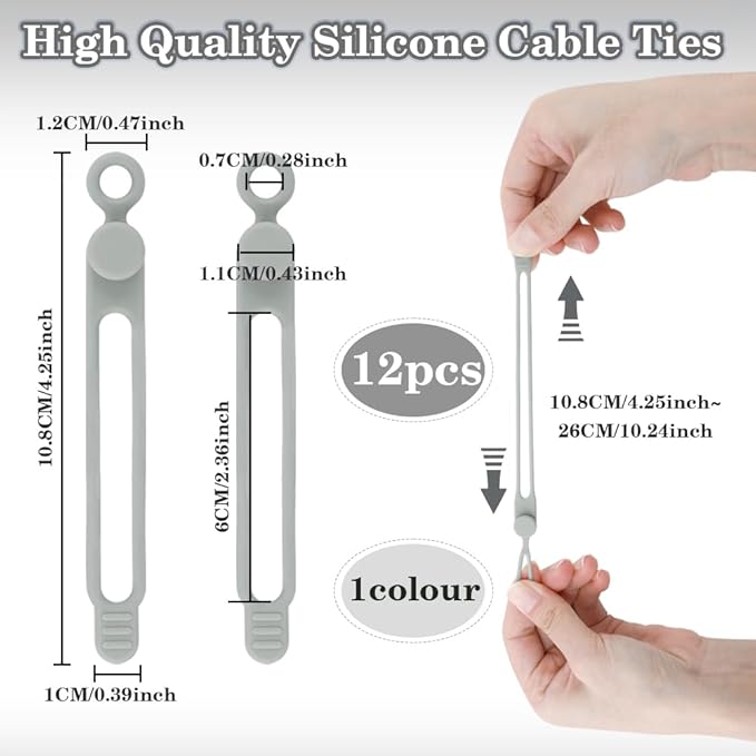 12Pcs Grey Silicone Cable Ties, Grey Cord Strap, Silicone Cable Straps, Rubber Cable Ties, Charger Computer Headphone Mouse Cord Ties for Office Home Kitchen School Travel Organization
