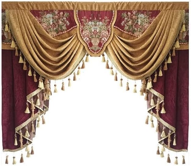 Luxury Brown Burgundy Floral Waterfall Swag Valance with Tassels for Living Room Bedroom Windows European Design Rod Pocket Top (150 cm, 1 Panel)