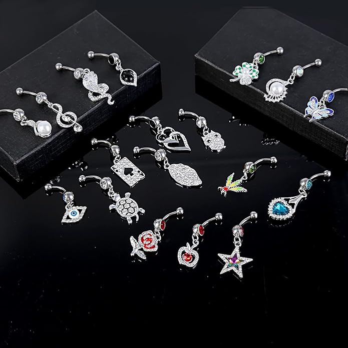12Pcs-18Pcs Belly Button Ring 14G Dangling Dangle Belly Button Rings Navel Rings Piercing Jewelry for Women