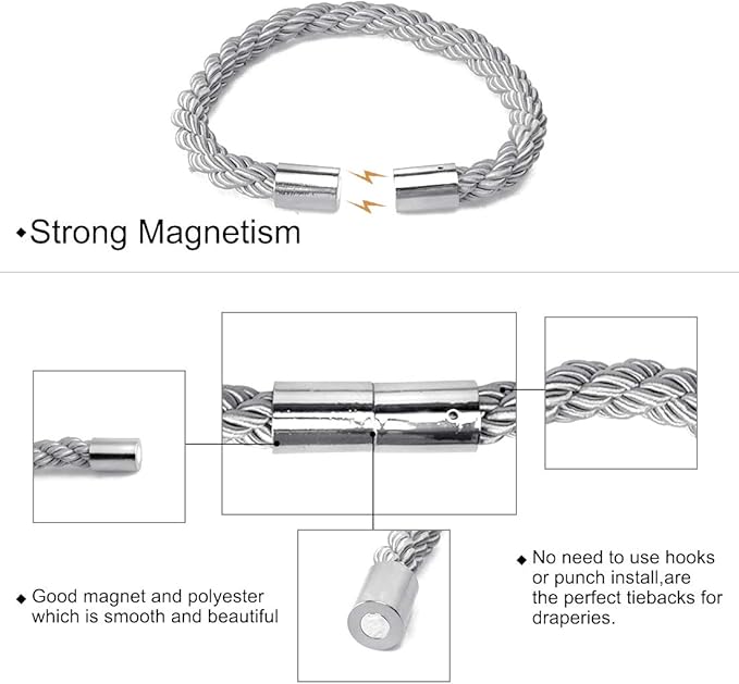 uxcell 2 Pack Magnetic Curtain Tiebacks 21.7 Inch Curtain Holdbacks Window TieBack Clips Decorative Rope Curtain Holdback Holder Gray