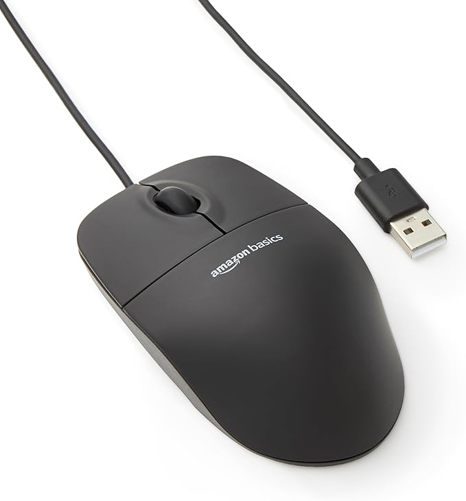 Basics Computer Mouse with 3-button USB cable (black), pack of 1