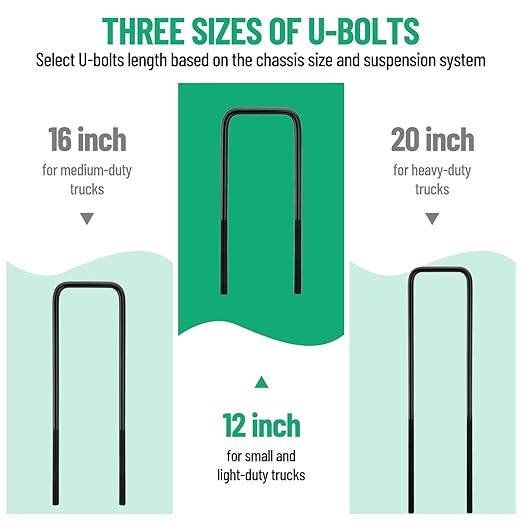 12 inch Square Bend U-Bolt Kits, Heavy Duty Steel Square U-Bolts with 6 inch Tie Plates for Truck Chassis