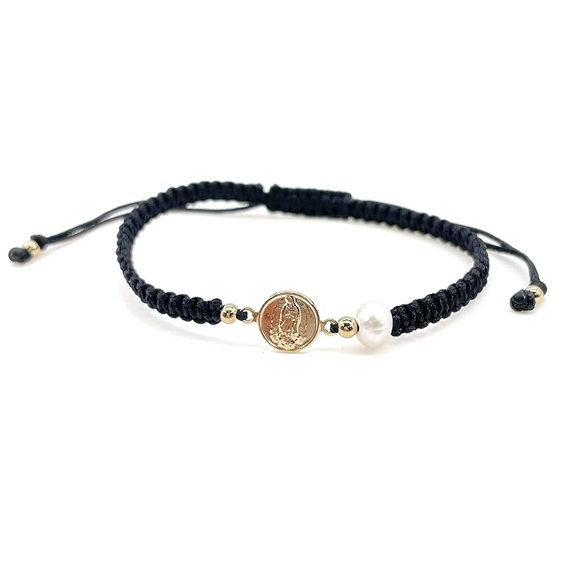 Our Lady of Guadalupe Medal and Dainty Cultured Fresh Father Pearl Adjustable Red String Bracelet Pulsera de la Virgen de Guadalupe para Mujeres (Black)