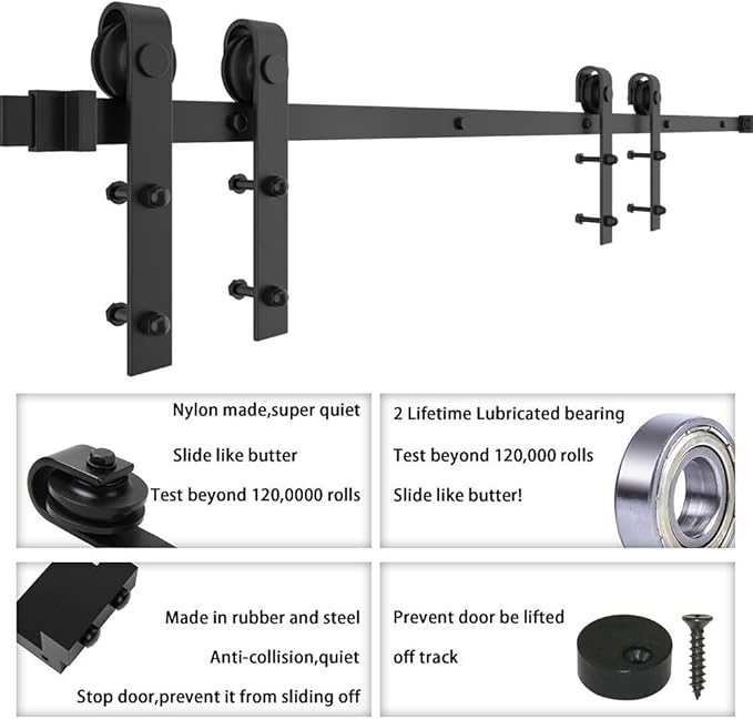 WINSOON 7.5FT Barn Door Hardware Kit: Double Sliding Door Hardware - Black Barn Door Track Kit - Carbon Steel Heavy Duty Door Rail - J-Shape Easy to Install for 45" Closet Panel(No Door)