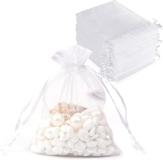 100PCS Sheer Organza Bags With Drawstring for Wedding Favor, Party, Favor Jewelry, Candy, Birthday, Christmas, Festival, Soaps, Makeup,Wrapping Supplies, 4.72 x 4 Inch Small Mesh White Gift Bags.