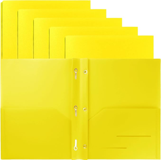 Youngever 6 Pack Heavy Duty Plastic Two Pocket Folders with 3 Prongs, Metal Prongs Fastener, Heavy Duty Plastic 2 Pocket Folder (Yellow)