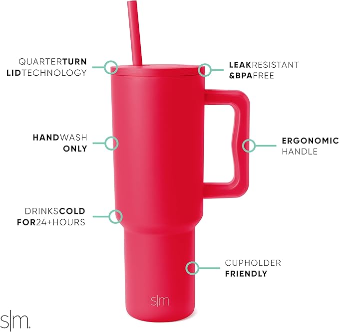 Simple Modern 40 oz Tumbler with Handle and Straw Lid Insulated Cup Reusable Stainless Steel Water Bottle Travel Mug Cupholder Friendly Gifts for Women Men Him Her Trek Collection Ember Red