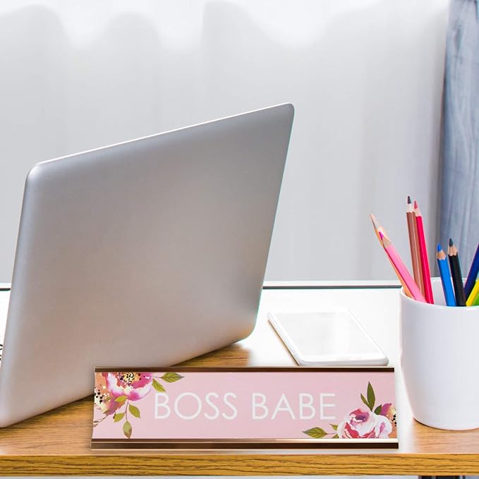 Boss Babe Desk Plate 2" x 8" Chic Pink Floral Office Desk SignCubicle Name Plate Coworker PresentMade In The USA