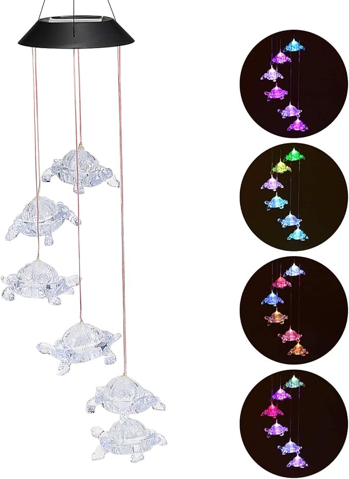 Wind Chimes Chandelier, Solar Turtles Hanging Lamp ,Wind Chime Pendant Light IP44 Waterproof Mixcolor Slow Flashing