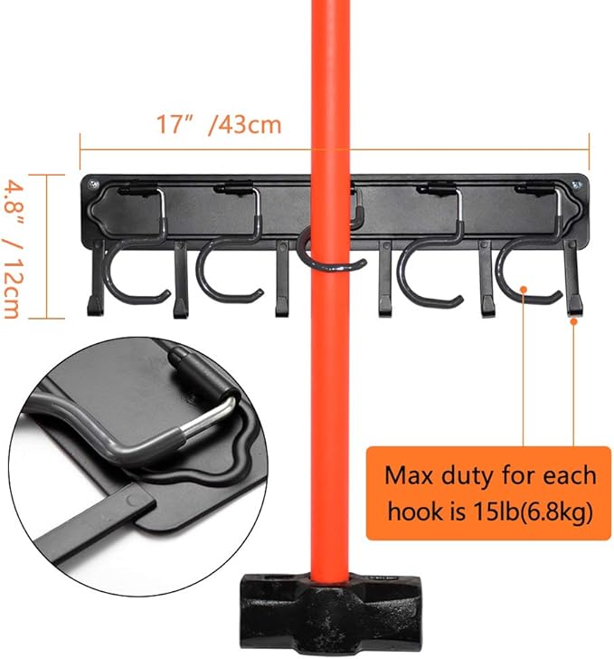 YueTong All Metal Garden Tool Organizer,Adjustable Garage Wall Organizers and Storage,Heavy Duty Wall Mount Holder with Hooks for Broom,Rake,Mop,Shovel.(1 Packe)