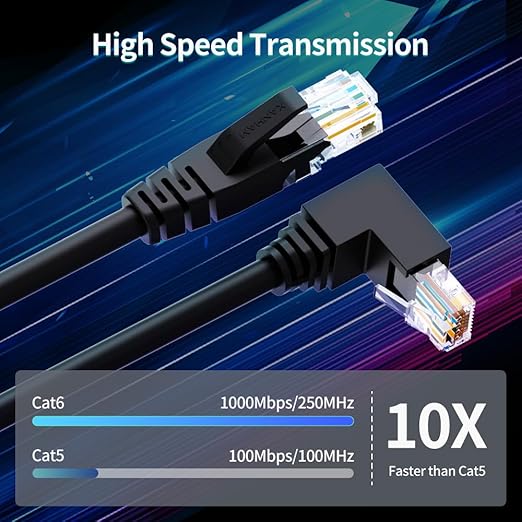 90 Degree Cat 6 Ethernet Cable Upward Angle 3.3FT RJ45 Network Patch Cord DownUpRightLeft Angle LAN Connection Cable for Router, Modem, PC, Computer, Laptop, and Smart TV, Black