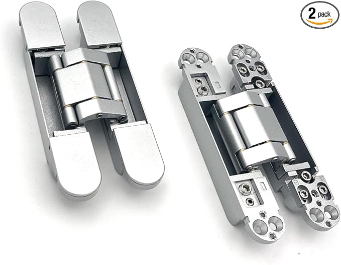 2 Pack Hidden Door Hinges, 6 inch 3-Way Adjustable Concealed Hinges Zinc Alloy 180 Degree Swing Invisible Door Hinges (Silver)