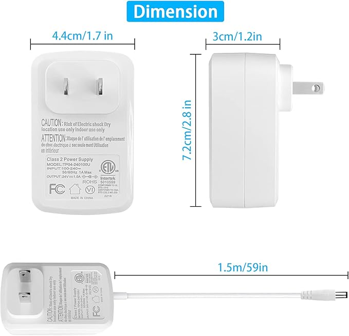 TKDY 24V 1A Power Supply Cord White, 110-240V AC to 24Vdc 24W Class 2 Adapter, DC24V Switching Charger for 24 Volt 1.0A 1000mA 0.75A 750mA 0.5A 500mA Diffuser Humidifier LED Light.