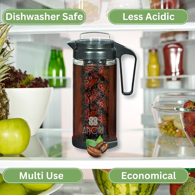 Cold Brew Coffee Maker, Cold Brew Coffee Pitcher, Cold Brew Pitcher for Fridge, 44oz Cold Brew Carafe, Glass Tea Kettle, Brewer Decanter for Brewing Iced Coffee Tea, Cold Brew Set