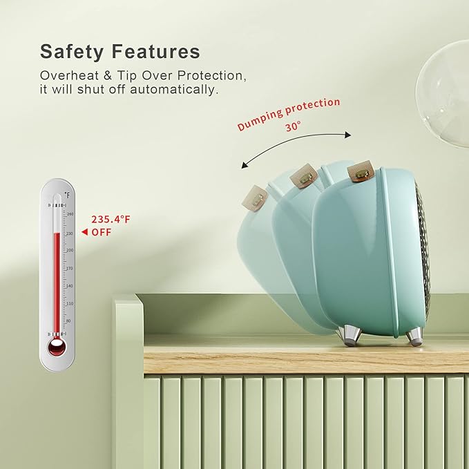 Portable Electric Space Heater 800W400WNatural Wind, PTC Fast Heating Small Space Heater with Tip-over and Overheat Protection for Bedroom, Office, Room, Desk and Indoor Use (Green)