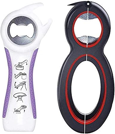 Bottle Opener Set,2Pcs Inclinding 5-in-1 and 6-in-1, Can, Soda, and Jar Openers, Twist Off Lid Jar Opener for Seniors and Arthritic Hands (White Purple)