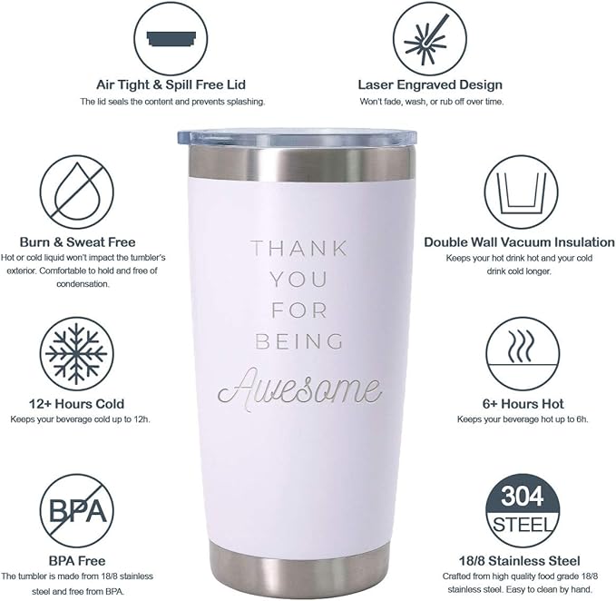 Thank You for Being Awesome - 20 oz white insulated stainless steel cup with lid, gratitude gift for employees or coworkers, birthday gift ideas for women,