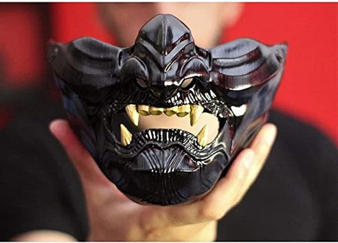 Oni Samurai Mask Half Face Japanese Warrior Mask Ghost Warrior Character Masks Novelty Halloween Party Cosplay Costume Cool Halloween Cosplay Prop for Boys Girls Adults Kids Party Accessory