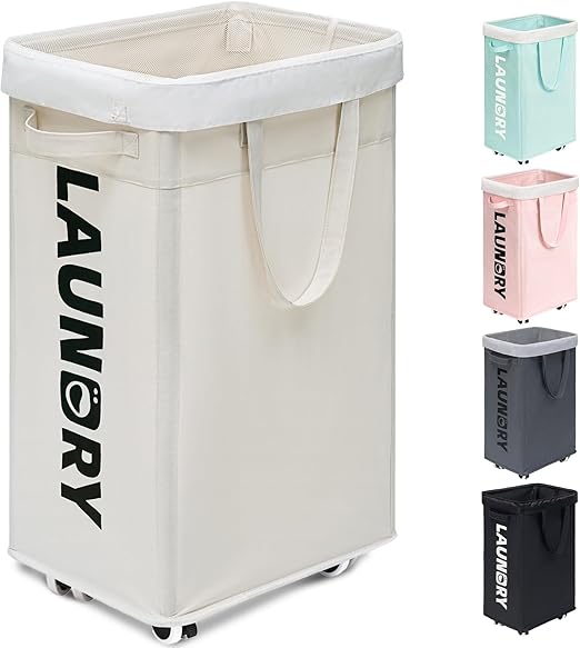 Goodpick Laundry Hamper with Wheels, 75L Collapsible Laundry Basket, Clothes Laundry Basket with Removable Wash Bag for Bedroom, Large Laundry Basket with Handle, White
