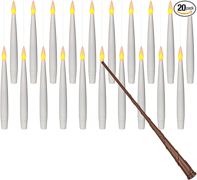 Leejec 20pcs Flameless Taper Floating Candles with Magic Wand Remote, Flickering Warm Light, Battery Operated 6.1" LED Electric Window Candle, Decor for Christmas, Wedding, Halloween, Birthday Party
