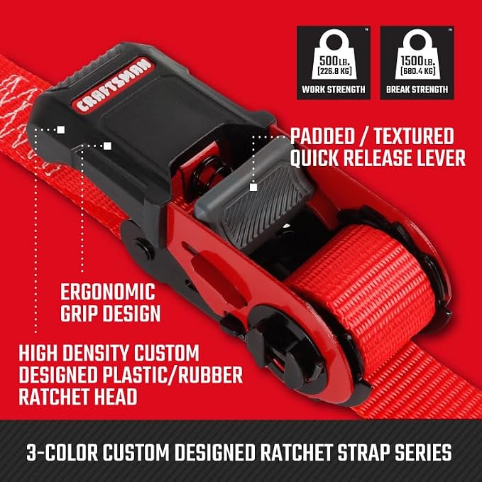 CRAFTSMAN CMXAZBS15004 Black/Red 1" x 12' Ratchet Tie Down Straps - Light/Mid-Weight Duty (1500 lb Break Strength), 1 Pack