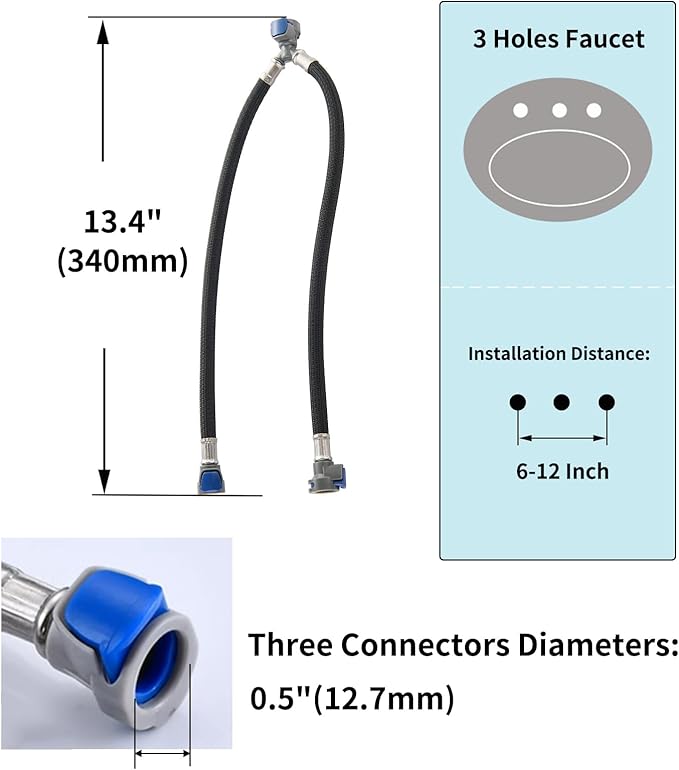 Quick Connect Faucet Hose Replacement Hot Cold Water Mixer Line for Widespread Faucet with Snap-in Fast Lock, Bathroom 3 Holes Faucet Quick Connect Hose, QCH001