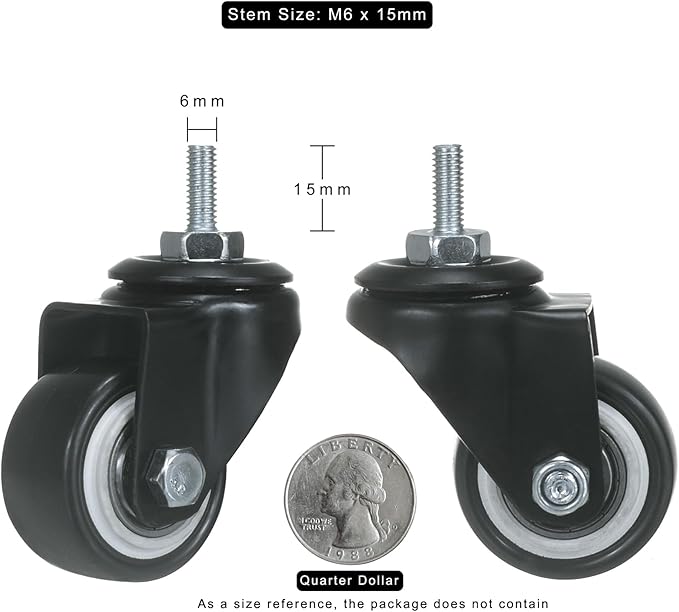 ZIIYAN 1.5 inch Stem Caster Wheels, Black Threaded Stem Caster Wheel?M6 x 15mm PU No Noise Swivel Castors with 360 Degree Rotation, Pack of 4 (One with Brake)