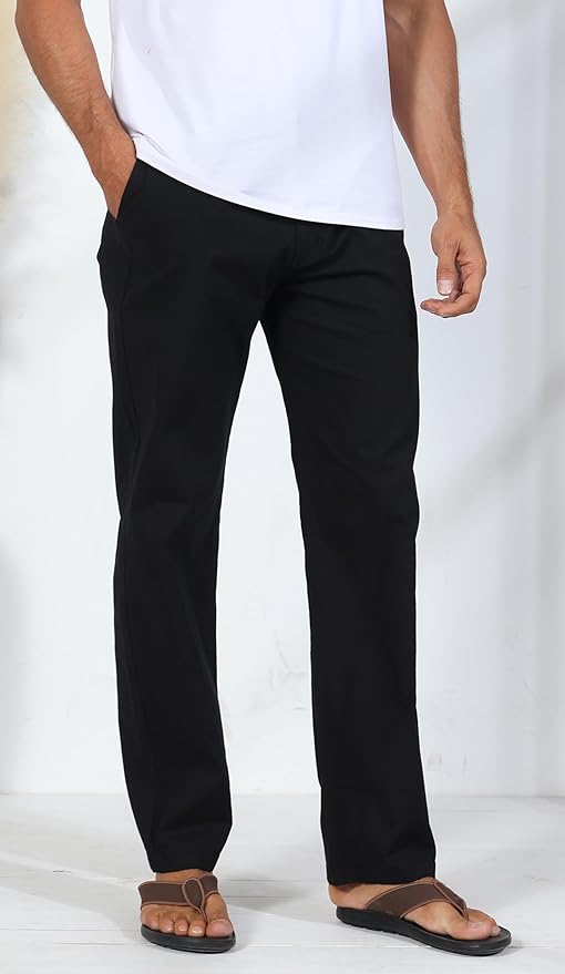 Soojun Men's Casual Linen Blend Relaxed Fit Straight Legs Elastic Waist Pants