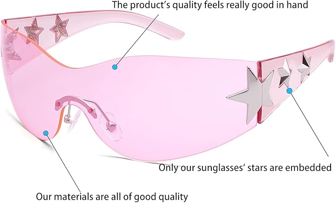 Rimless Y2K Sunglasses Star Wrap Around Glasses 2000S Accessories for Women Men Trendy Fashion Cool Shield Shades