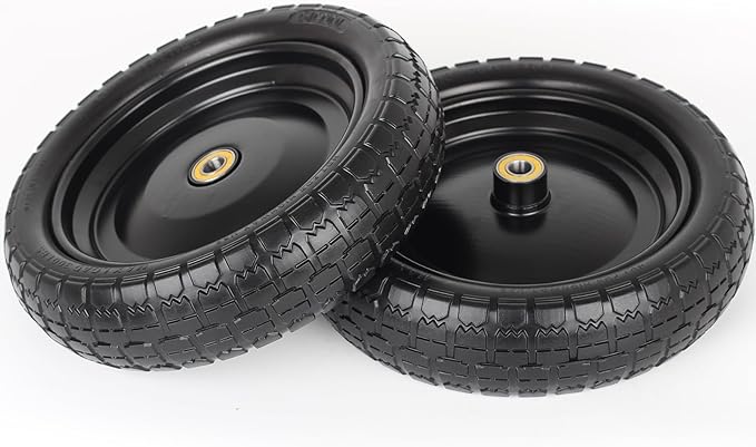 13" Flat-free Solid Tire and Wheel, with 58" Axle Bore Hole, 2.2" Offset Hub, Replacement 4.00-6 Wheelbarrow tire, Compatible with Garden Wagon Trolley Dolly, 2 Pack