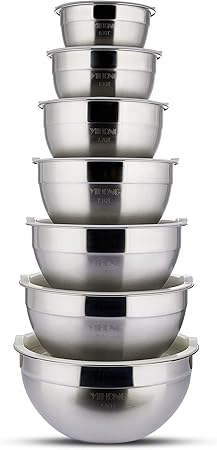 YIHONG 7 Piece Metal Mixing Bowls with Lids for Kitchen, Stainless Steel Set Ideal for Baking, Prepping, Cooking and Serving Food, Nesting Design for Space Saving Storage(White)