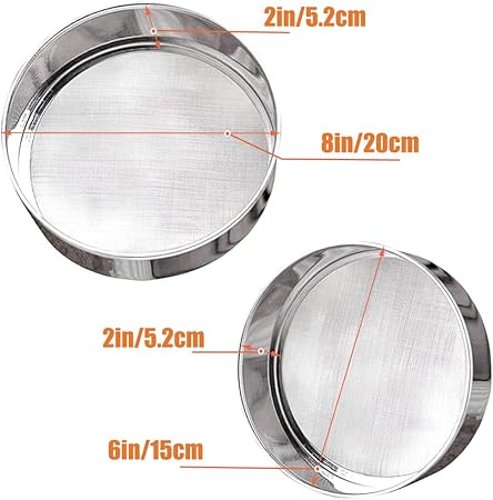2 Pack Flour Sifter,Stainless Steel Fine Mesh Strainers Flour Sieve,60 Mesh Round Sifter for Baking Cake Bread (6-Inch and 8-Inch)