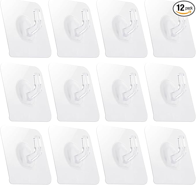 12 Pack Adhesive Hooks Clear Plastic Waterproof Heavy Duty Sticky Wall Ceiling Door Window Pothook Home Kitchen Bathroom Shower Office for Hanging Hat Towel Picture Coats (12)