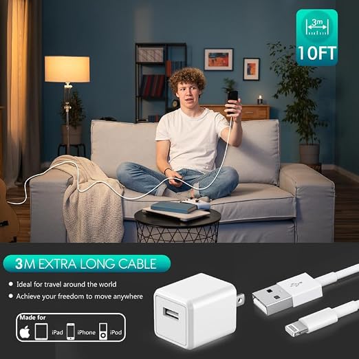 iPhone Charger,Extra Long 1 Pack 10FT Lightning Cable Cube i Phone 12 Charger Charging Transfer Cord Cable with USB Plug Wall Charge Block Travel Adapter for iPhone 14/13/12/11/SE2022/8/7/XS/XR/X/iPad