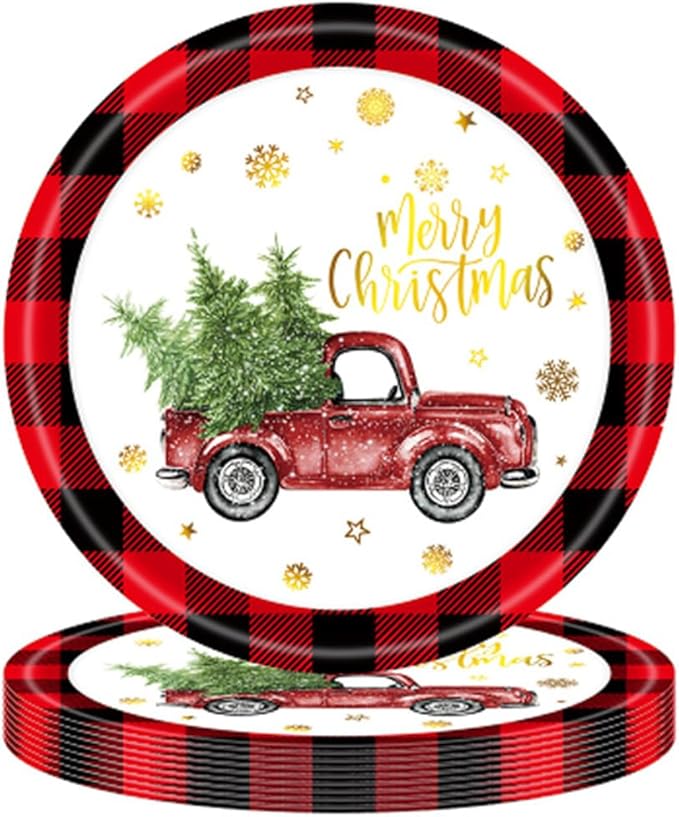 Furimuk Christmas Paper Plates Rustic Truck Red Black Plaid Border Printed Round Disposable Plates Dinnerware for Christmas Holiday Dinner Birthday Party Supplies (24 Pcs)